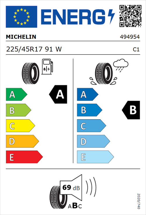 Tyre Label for Michelin e.primacy 225/45R17 91W