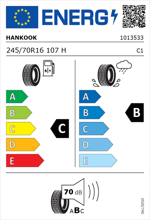 Tyre Label for Hankook Dynapro HP2 (RA33) 245/70R16 107H